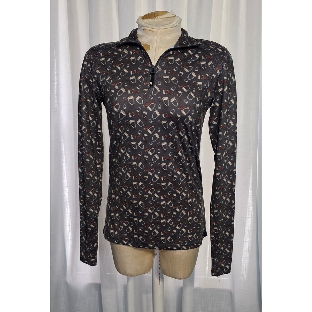 Dover Saddlery Womens XS Gray Stirrup Print Quarter Zip Sun Shirt Long Sleeve